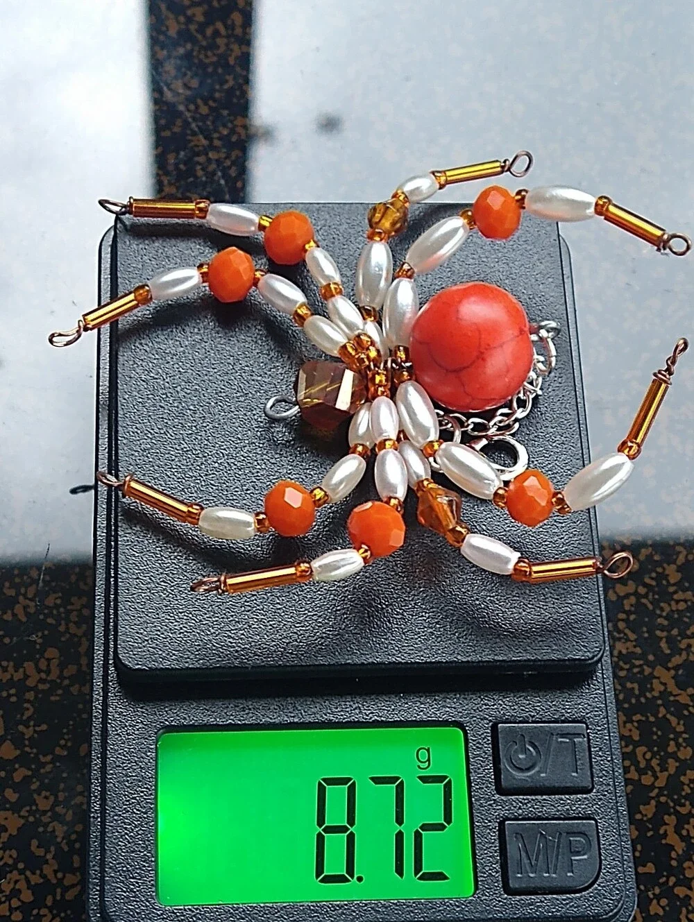 Handmade Orange & White Beaded Spider Pendant